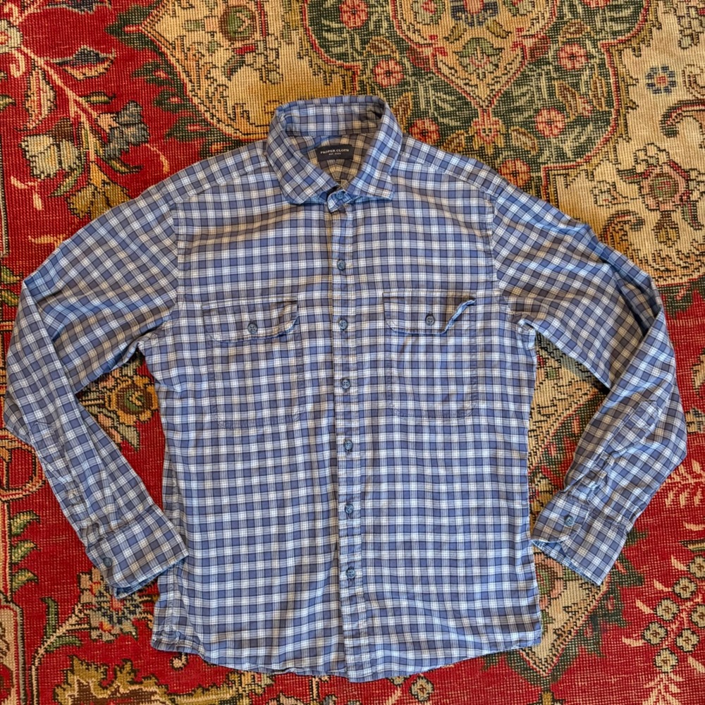 Proper Cloth Button Down Mens S Blue Plaid Excellent Cotton Utility‎ Shirt